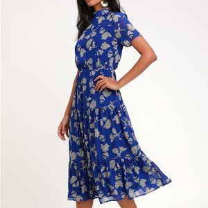 NEW Lulu's Floral Dressed Up Chiffon Midi Dress Medium Royal Blue Ivory NWT